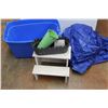 Image 3 : *Tarp - Size Unknown, Blue Large Tote, Wooden Step Ladder and Planters