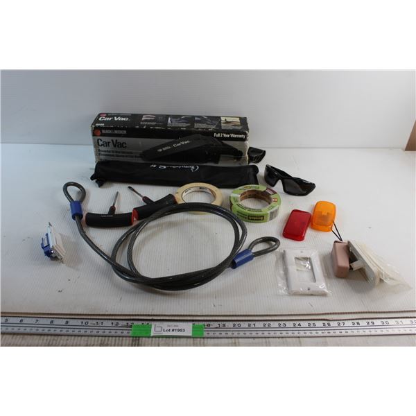 (2) Victor Tire Repair Tools, Black & Decker Powerful 12V Car Vac, Pulling Cable, Sunglasses and Ass