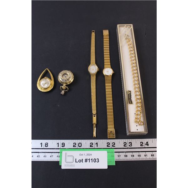 1/20th Gold Filled Bracelet in Case & (2) Watches & (2) Pocket Watches, as is