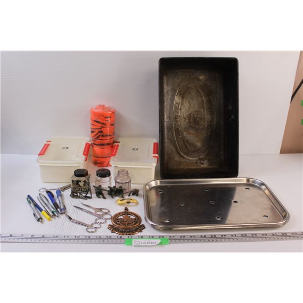 Lot: Canada Shooting Medal, Toy Soldiers, Medic Scissors, Ink Glass Jars, Vintage Baking Pan - 9" x 