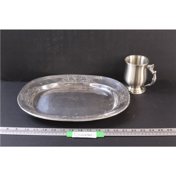 Pewter Serving Tray & Mug w/Lady Handle