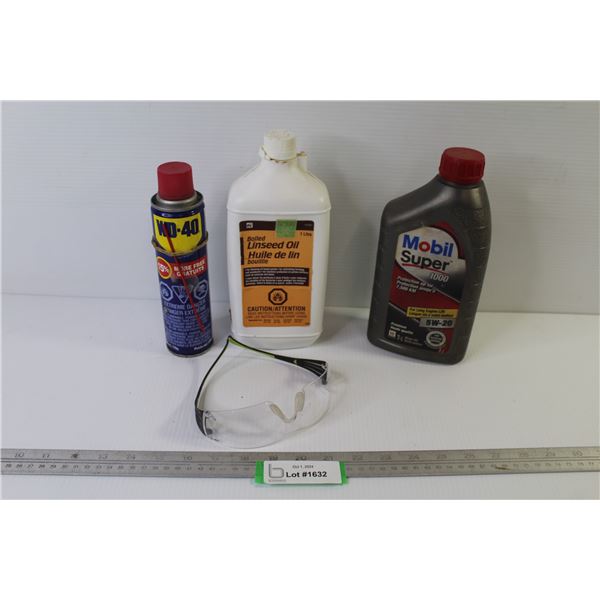 Mobile Oil 5w30 (unopened) - Boiled Linseed Oil (open - full) - WD-40 (partial can)