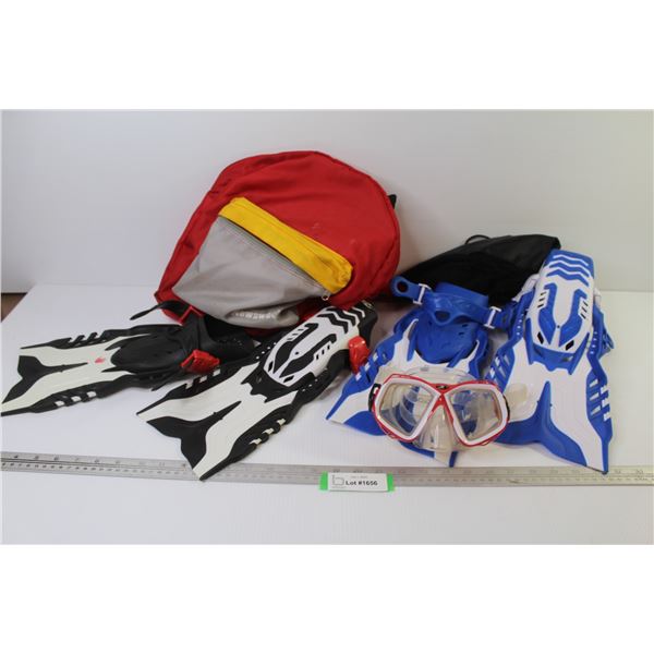 (2) Pair of Youth Flippers - Goggle Mask - Sm Knapsack Bag - Sm Net Bag