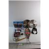 Image 1 : Heel Stops - Size 11.5, BBQ Fish Basket, Heel Tractions, (2) Mastercraft & Craftsman Wall Clocks and