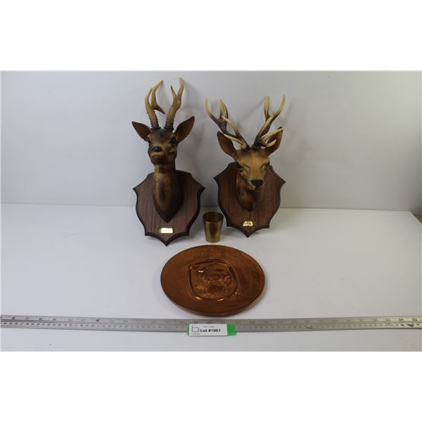 (2) Plastic Deer Mounts - Sm Brass Cup - Copper Plate w/Embossed Deer