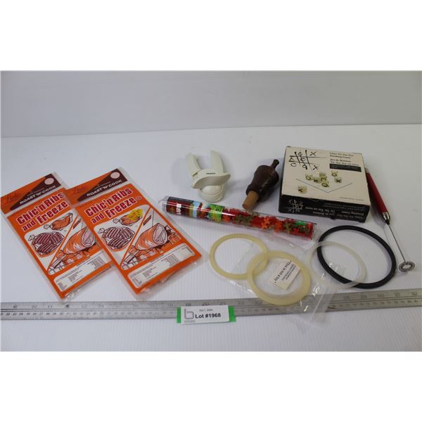 Roasting Bags - Glass Tic-Tac-Toe - Dragon Puzzle - Rubber Rings - Wooden Bottle Cork - Can Opener -