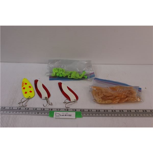 Fishing Lot: Lead Heads & Squid Bodies, (3) Cabela's Spoons (Lucky Strike & Five of Diamonds)