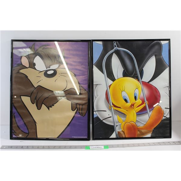 (2) Of Looney Tunes Framed Wall Posters of Tweetie and Taz - Both Measure 16" x 20"