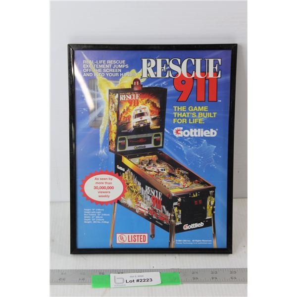 Gottlieb Rescue 911 Framed Original Pinball Flyer - 8 3/4" x 11 1/2"