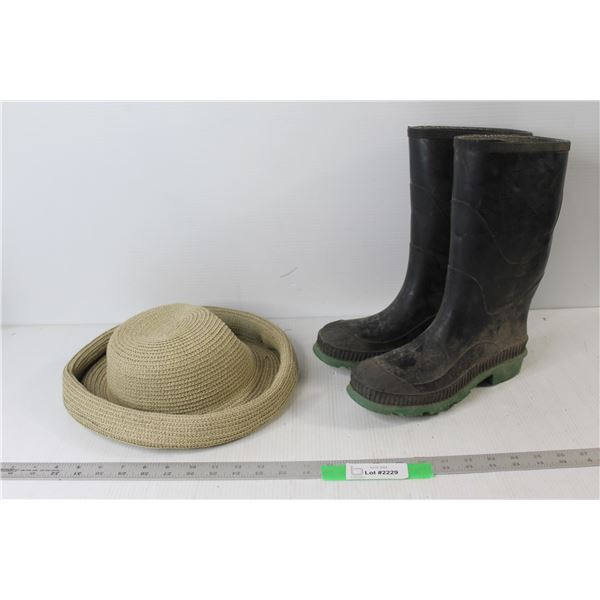 Pair of Rubber Boots About Size 9 With Garden Sun Hat
