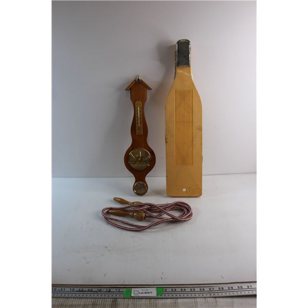 Skip Rope, Vintage Fish Filet Board and Wooden Wall Hanging Barometer