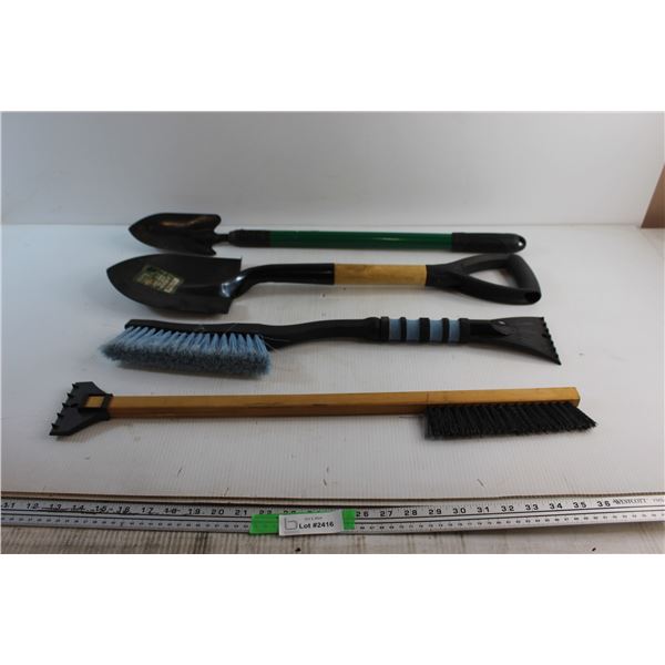 (2) Garden Shovels and (2) Reflex Ice Soft Touch Brush & Ice Scraper