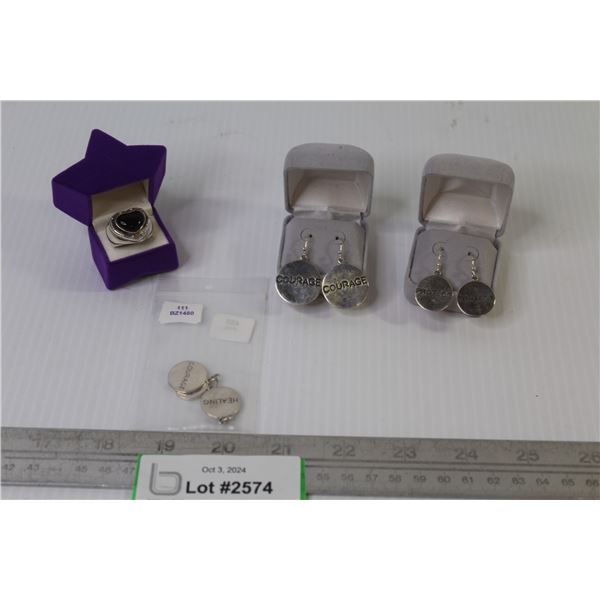 (2) Pair of Earrings w/Cases - Heart Ring w/Black Stone in Star Case - Pendant Sayings (as is)