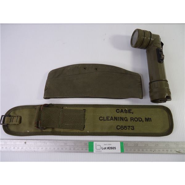 (3) Military Pieces, Flashlight, Cleaning Rod case and Hat