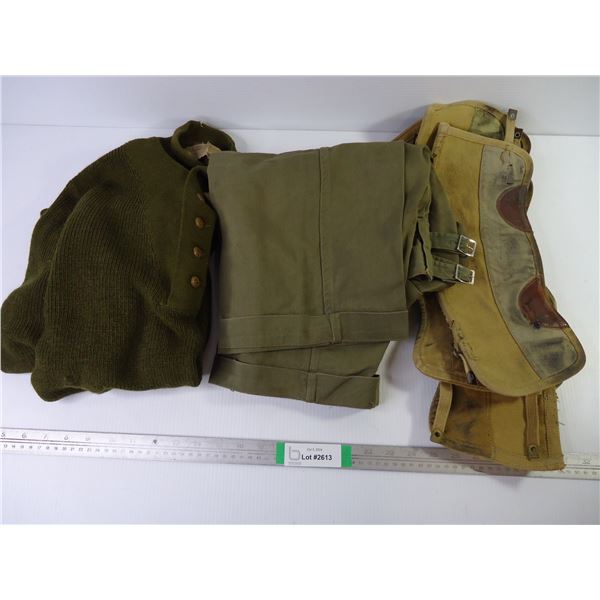 Vintage Army Wear Sweater(1950) Size Medium, Pants(unknown size) and (3) Gaitors