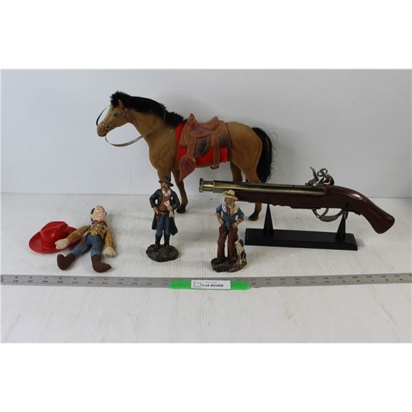 Toy Horse, Model Pop Gun, Woody, Small Plastic Hat, (2) Plastic Cowboy Figurines