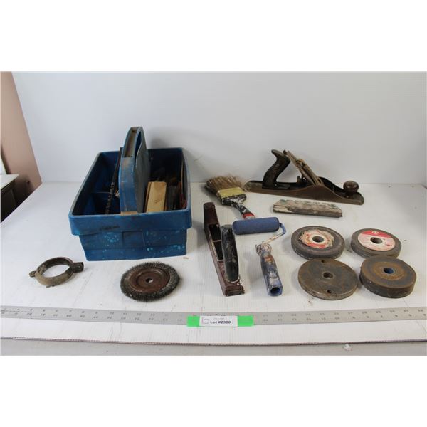Wood Rasp, Wood plane, Paintbrush, (5) grinding Discs, Assorted Tools and Tool Tray