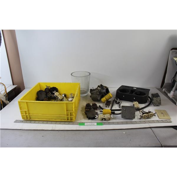 Assorted Outlets/Switches/Other Hardware, Glass Planter, Yellow Crate