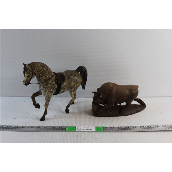 Plastic Horse and Wooden Bison Figurines