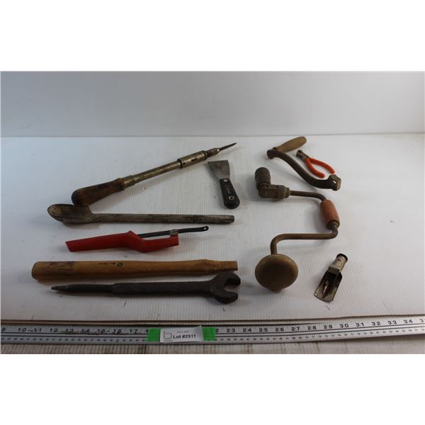 Wooden Hammer/Axe Handle, Vintage Hand Drill, Vintage Yankee Screwdriver and Assorted Tools