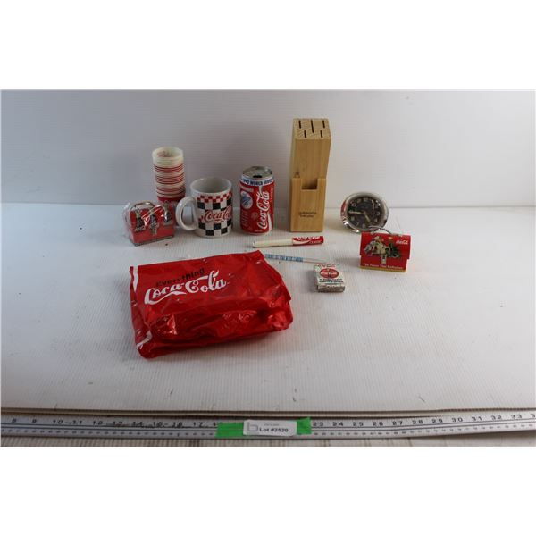 Wooden Knife Holder, Coca Cola Mug, Tin Chests, Collectible Coins and Assorted Items