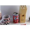 Image 9 : Wooden Knife Holder, Coca Cola Mug, Tin Chests, Collectible Coins and Assorted Items