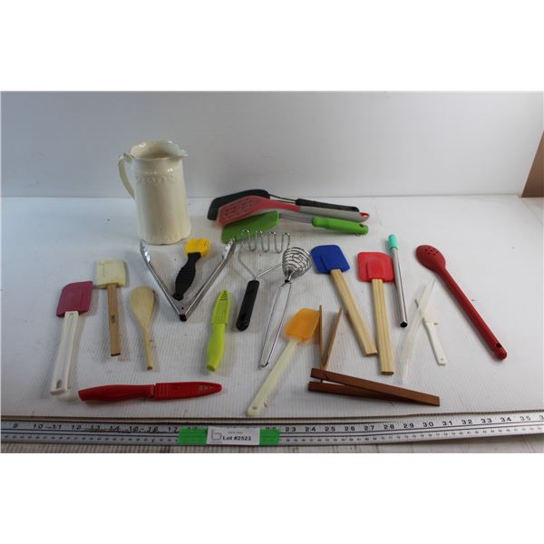 Ceramic Pitcher, Spatulas, Whisk, Knives and Assorted Kitchen Supplies