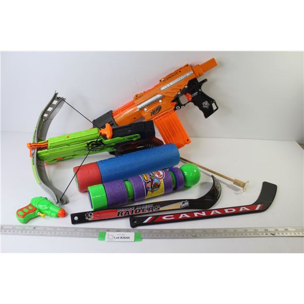 Foam Waster Pumps -(2) Nerf Launchers (no projectiles) - (2) Plastic Hockey Sticks