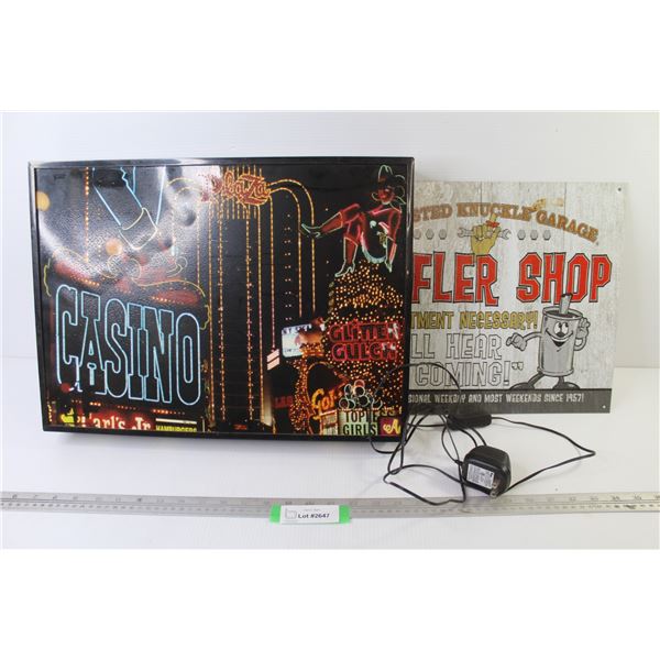 Plaza Casino Light Box (lighting works - 18 1/2" x 13 1/2") - Metal Muffler Sign (16" x 12 1/2")