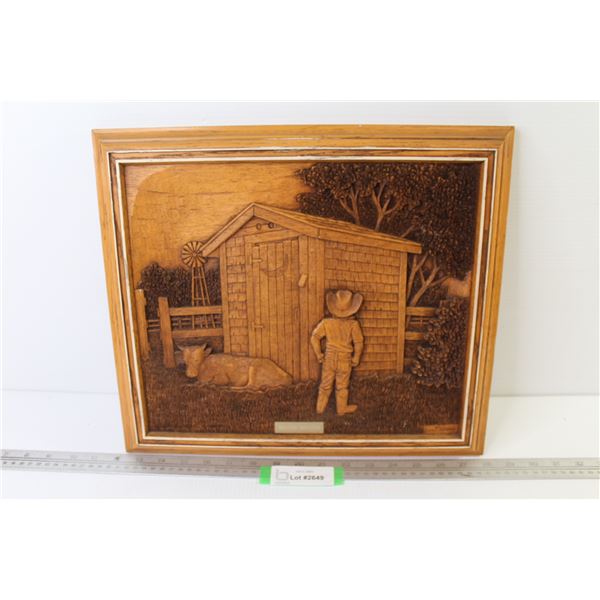 Greener Pastures - Embossed Plastic Picture of Boy at Outhouse