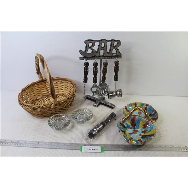 Bar Tool Set - Wicker Basket - Hand Painted Divided Dish w/Handle (Made in Italy) - Brush (NIB) - Gl