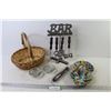 Image 1 : Bar Tool Set - Wicker Basket - Hand Painted Divided Dish w/Handle (Made in Italy) - Brush (NIB) - Gl