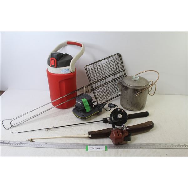 Camping Supplies - Thermos Stye Beverage Container - (2 ) Fishing Rods - Water Kettle - Air Mattress