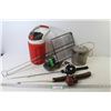 Image 1 : Camping Supplies - Thermos Stye Beverage Container - (2 ) Fishing Rods - Water Kettle - Air Mattress