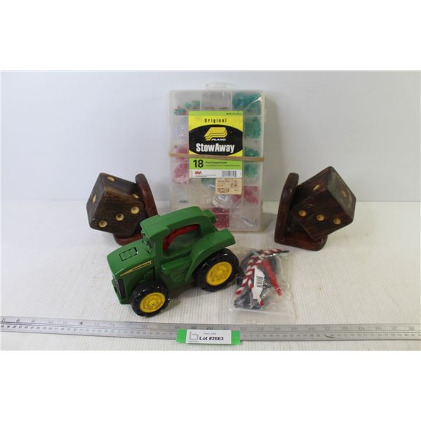Wooden Book Ends - Plastic Toy John Deere Tractor - Stow Away Container of Crafting Supplies