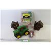 Image 1 : Wooden Book Ends - Plastic Toy John Deere Tractor - Stow Away Container of Crafting Supplies