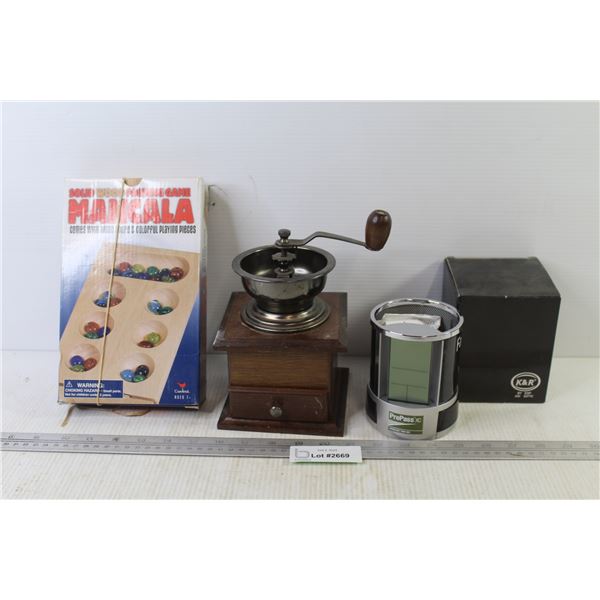 Mancala Folding Marble Game - Coffee Grinder - K&R PrePass Digital Alarm Clock (as is)