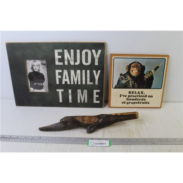 Enjoy Family Time 4" x 6" Photo Frame - Relax w/ Wall Hanger Saying on Wood - Face Carved on Branch