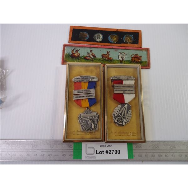 (2) Vintage Rifle/Pistol Medallions and (2) German Glass/Magic Lantern