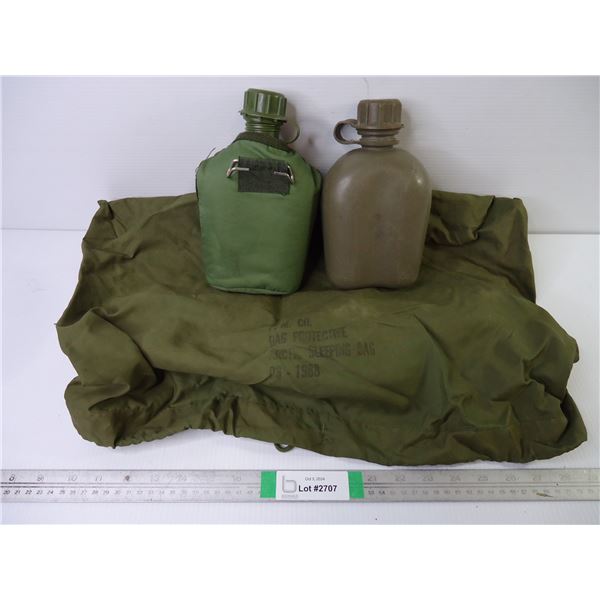 (2) Military Camping Canteens and Protective Bag for Sleeping Bag