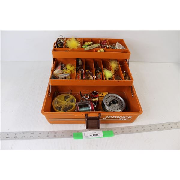 Fenwick 1050 Orange Tackle Box With Reels and Assorted Hooks