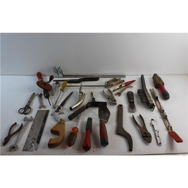 Vintage Hand Drill, Wrenches, Pliers, Metal Brush and Assorted Items