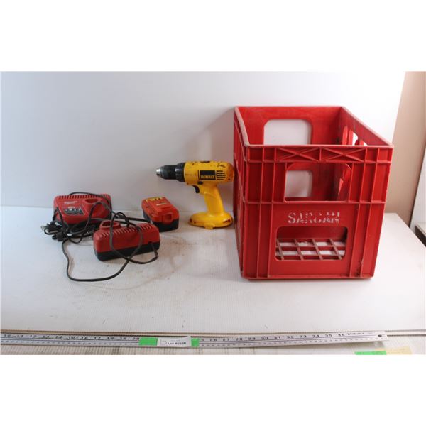 (2) Milwaukee Chargers, DeWalt Cordless Drill, 18V Drill Battery and Crate - As Is