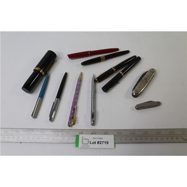 ^(5) Fountain Pens - (3) Pens - (2) Pocket Knives