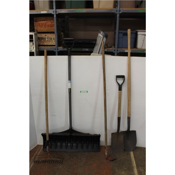 * (5) Yard Tools: Snow Shovel, Rake, Hoe, Square Mouth Spade, Spade