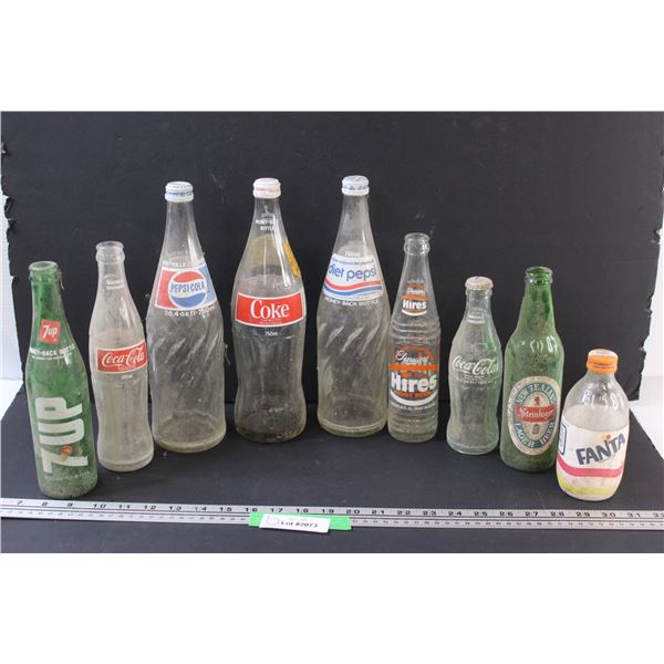 (9) Vintage Glass Bottles: 7-up, Pepsi, Coca Cola, Hires, Fanta, Misc. in Tote (Tote Not Pictured)