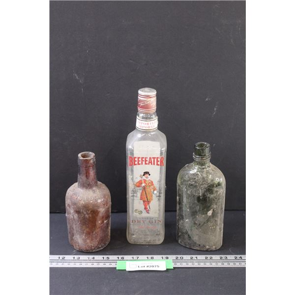 (2) Vintage Glass Bottles (Green & Brown) & Beefeater Gin Bottle