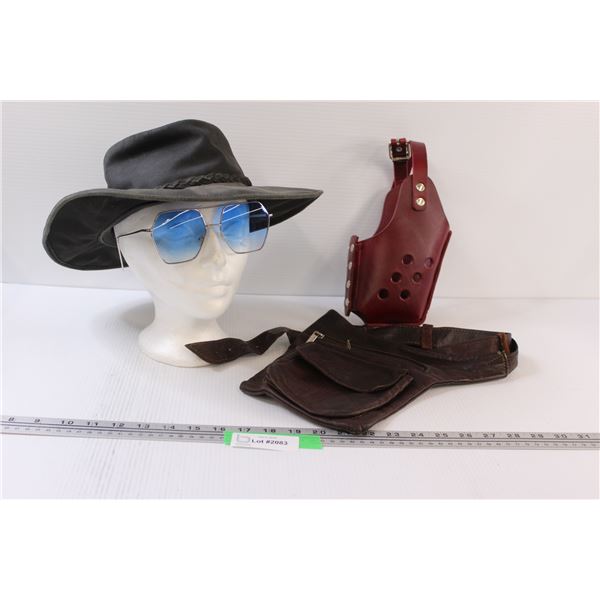 Soft Leather Hat (Size XXL) & Blue Sunglasses, Leather Satchel & Holster
