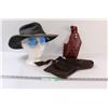 Image 1 : Soft Leather Hat (Size XXL) & Blue Sunglasses, Leather Satchel & Holster