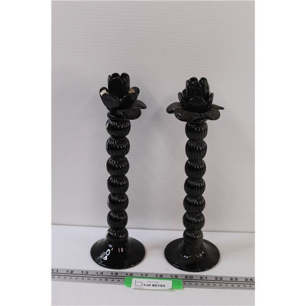 (2) Black Tall Candle Holders - 13" Tall - One Damaged, see pictures